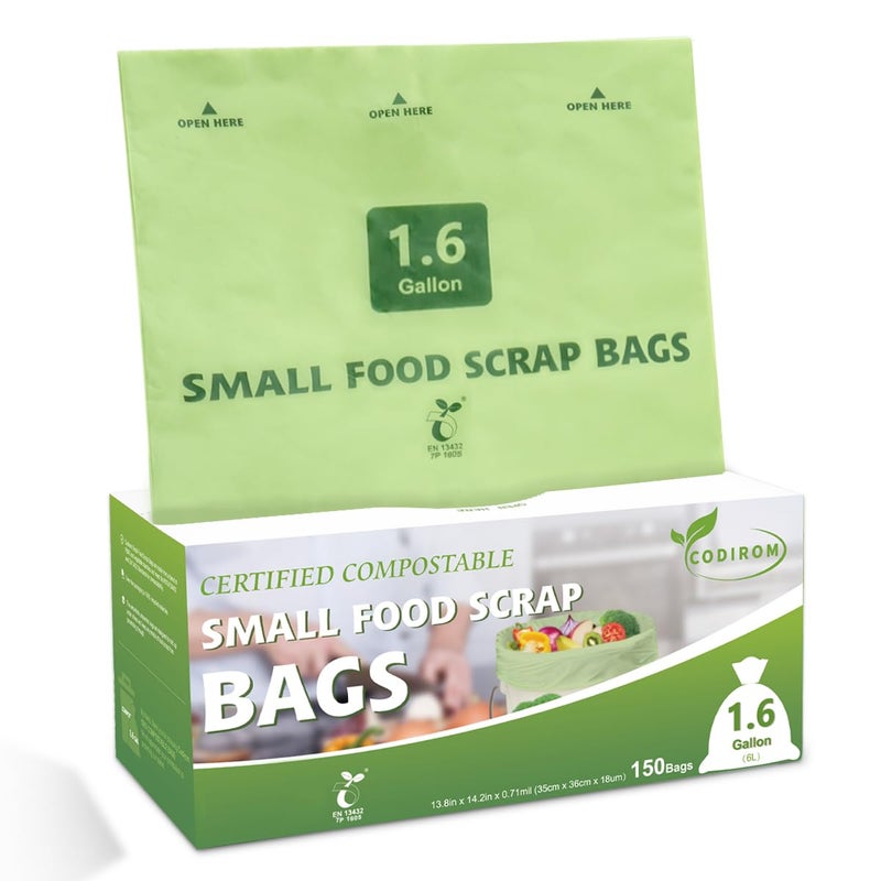 100 Compostable 16 Gallon Trash Bags 6 Liter 150 Count Kitchen Food Scrap Small Compost Bags for Countertop Bin with Europe EN13432 Certified
